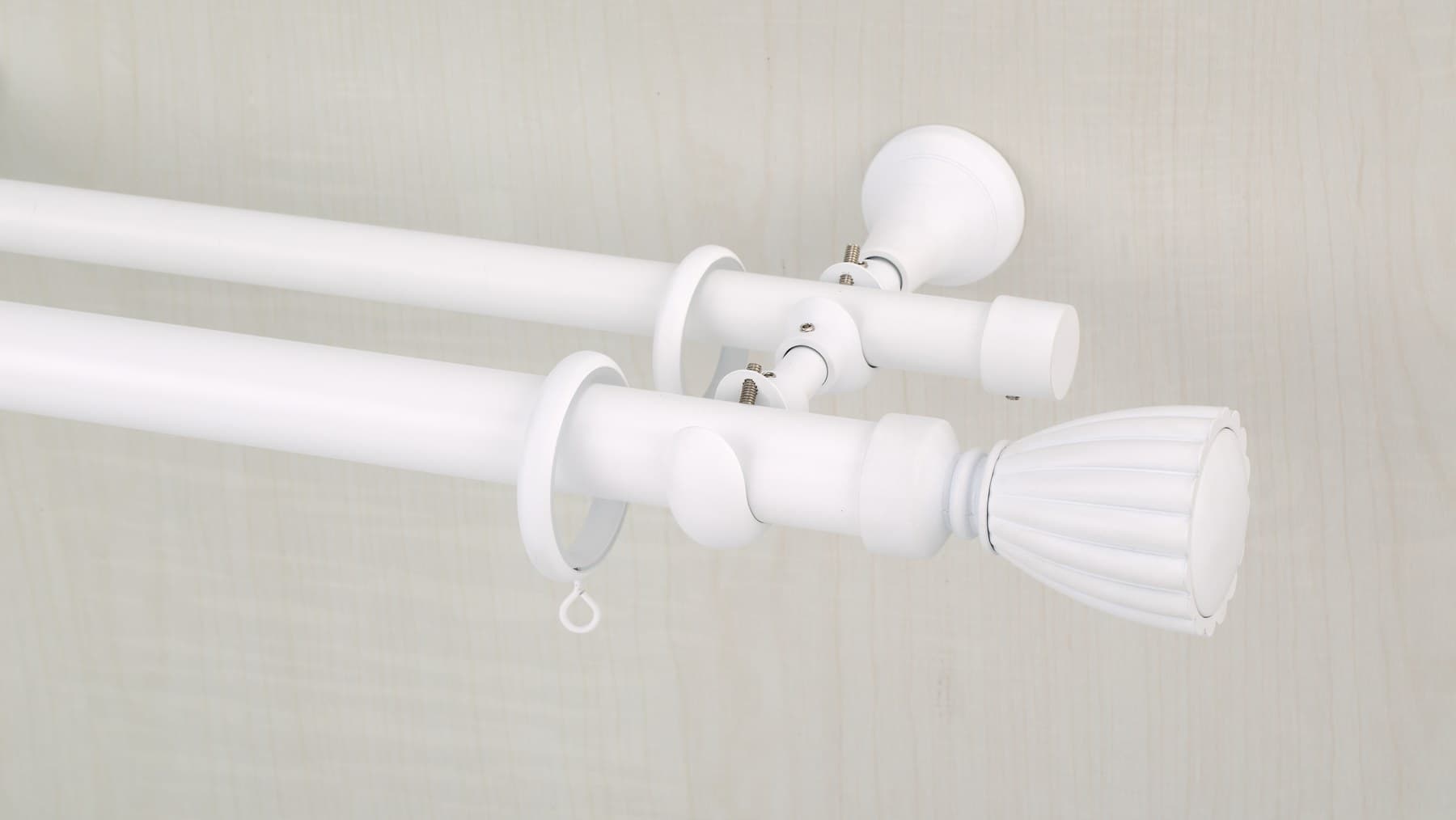 White double telescoping decorative curtain rod with external rings