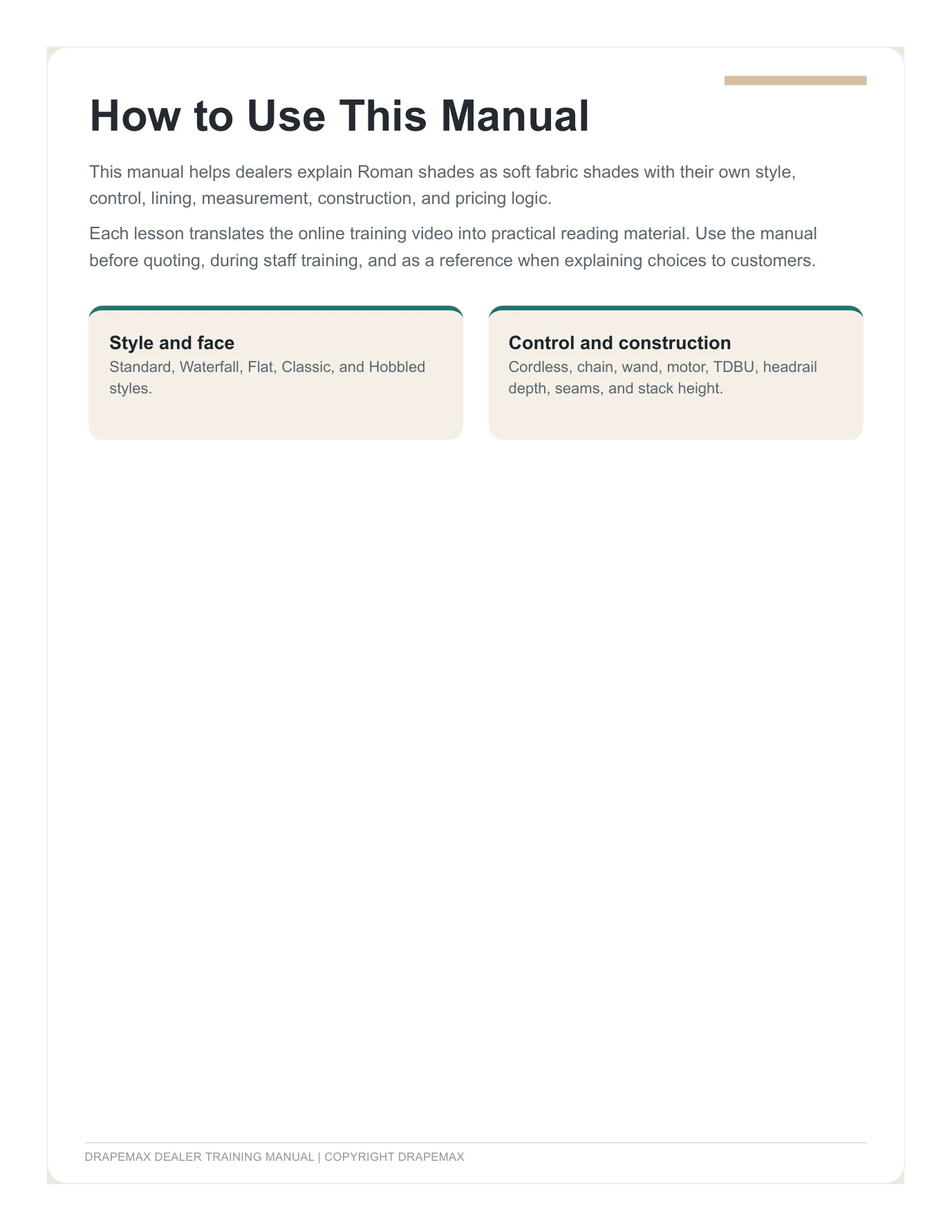 DrapeMax Roman Shade 101 Dealer Training Manual page 2
